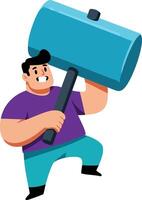 Man holding large blue hammer illustration in playful cartoon style with purple shirt and teal pants vector