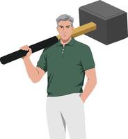 Mature man holding large hammer over shoulder in casual outfit illustration vector