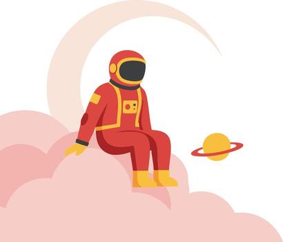 Astronaut in red suit sitting on pink cloud with crescent moon and planet illustration in space scene vector