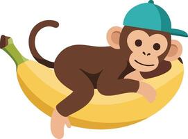 Monkey wearing teal cap lying on yellow banana illustration in playful style vector