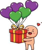 Cute character holding gift box with purple and green heart balloons expressing love and happiness in cartoon style vector