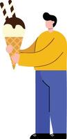 Man holding large ice cream cone with chocolate sticks illustration in simple flat design style vector