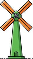 Windmill with green tower and orange blades simple flat design isolated on white background illustration vector
