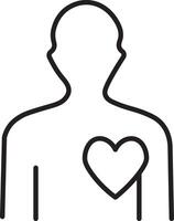 Silhouette person heart outline health love care wellness medical icon. simple black line drawing shows human figure with heart symbol on chest representing health wellness and emotional care vector