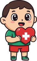 Cute boy holding red heart with white cross symbol of health care and medical support illustration vector