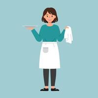 Female waitress holding empty plate and towel in restaurant uniform illustration on blue background vector