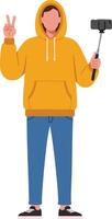 Young man in orange hoodie taking selfie with selfie stick showing peace sign casual style illustration vector