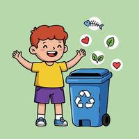 Happy boy recycling waste with blue recycle bin and green environmental icons illustration vector