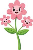 Pink happy flowers with green leaves cartoon style illustration for children and nature design vector