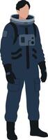 Astronaut in dark blue space suit standing illustration with gloves and boots in full body pose vector