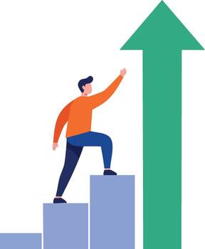 Man climbing ascending bar chart with green upward arrow symbolizing growth and progress illustration vector
