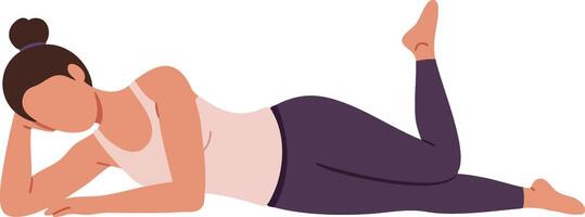 Woman doing side lying leg lift exercise in comfortable activewear for fitness and health benefits at home or gym vector