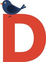 Blue bird perched on large red letter D simple illustration design for educational or decorative use vector