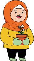 Child wearing orange hijab holding potted plant with white flowers in yellow jacket and gloves illustration vector