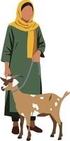 Woman wearing hijab and green dress walking a small brown and white goat on leash illustration vector