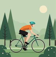 Man cycling on green bicycle through forest trees under pale sun in calm outdoor scene vector