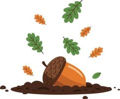 Acorn with green and orange oak leaves falling on soil autumn nature illustration vector