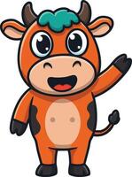 Cute cartoon cow character waving hand in playful pose illustration for children and farm themes vector