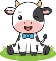 Cute cartoon baby cow sitting on grass with blue bowtie smiling and winking in illustration vector
