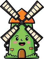 Cute green windmill with orange roof and smiling face cartoon illustration vector