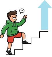 Boy climbing stairs with upward arrow motivation concept in green hoodie and red shorts illustration vector