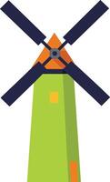 Traditional windmill with green tower and orange roof flat illustration for sustainable energy concept vector