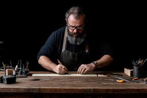 A bearded man is working on a piece of wood photo