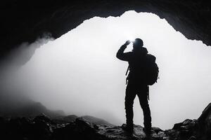 A man standing in front of a cave with fog photo