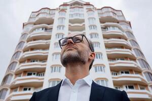 A man in glasses and a suit stands in front of a tall building photo