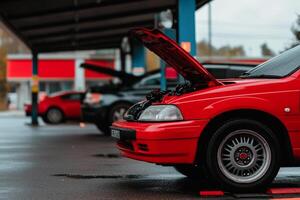 A red car with its hood open is parked in front of a red car photo
