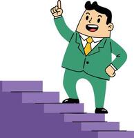 Businessman in green suit climbing purple stairs pointing upward symbolizing success and achievement in career growth illustration vector