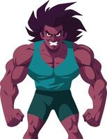 Muscular fierce dark-skinned male bodybuilder with wild hair in sleeveless top and shorts illustration vector