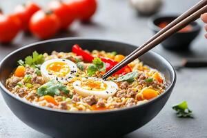 A bowl of ramen with eggs and vegetables photo