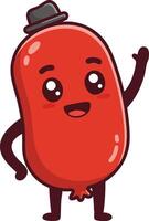 Red sausage character with happy face waving hand wearing gray hat illustration vector