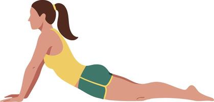 Woman practicing yoga in upward dog pose wearing yellow top and green shorts fitness exercise illustration vector