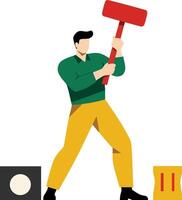 Man swinging red sledgehammer in green shirt and yellow pants smashing objects illustration vector