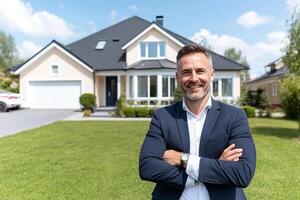 A man in a suit standing in front of a house photo