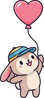 Cute bunny holding pink heart shaped balloon wearing blue hat cartoon illustration vector