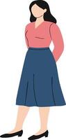 Woman standing in blue skirt and pink blouse illustration simple female character in casual outfit vector