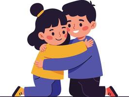 Children hugging each other showing friendship and affection in colorful casual clothing illustration vector