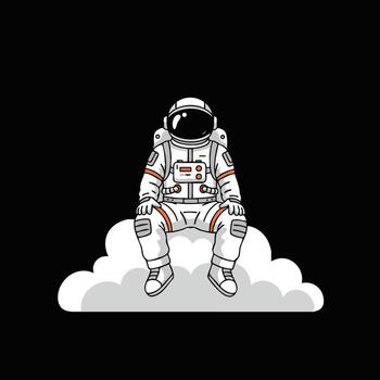 Astronaut sitting on cloud in space suit with black background illustration for science and technology design vector