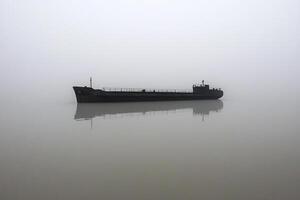 A boat sits on the water in the fog photo
