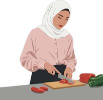 Woman wearing hijab slicing vegetables on cutting board in kitchen preparing food illustration vector