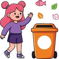 Little girl throwing trash into orange recycling bin with colorful floating waste items illustration vector