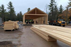 A large wooden building being constructed on a dirt road photo