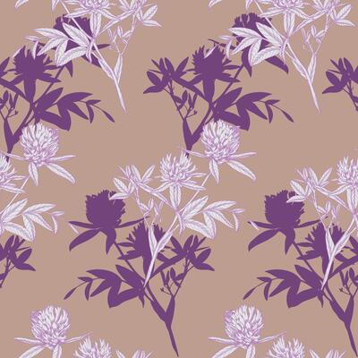 Seamless pattern of clover silhouettes on a mocha background. Meadow flower ink illustration. Handmade ink art work.