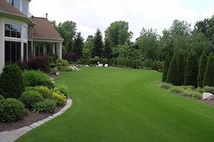 A lawn with green grass and shrubs photo