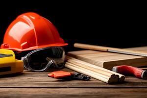 A hard hat, safety glasses, and a hammer on a table photo