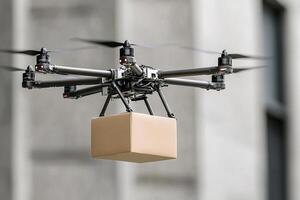 A drone carrying a box with a drone photo