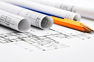 Architectural drawings and pencils on a table photo
